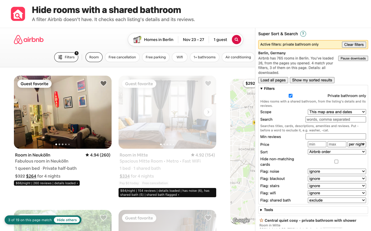 A Berlin search with Private bathroom only on: a room with a private half-bath stays, a room with a shared bath is greyed out