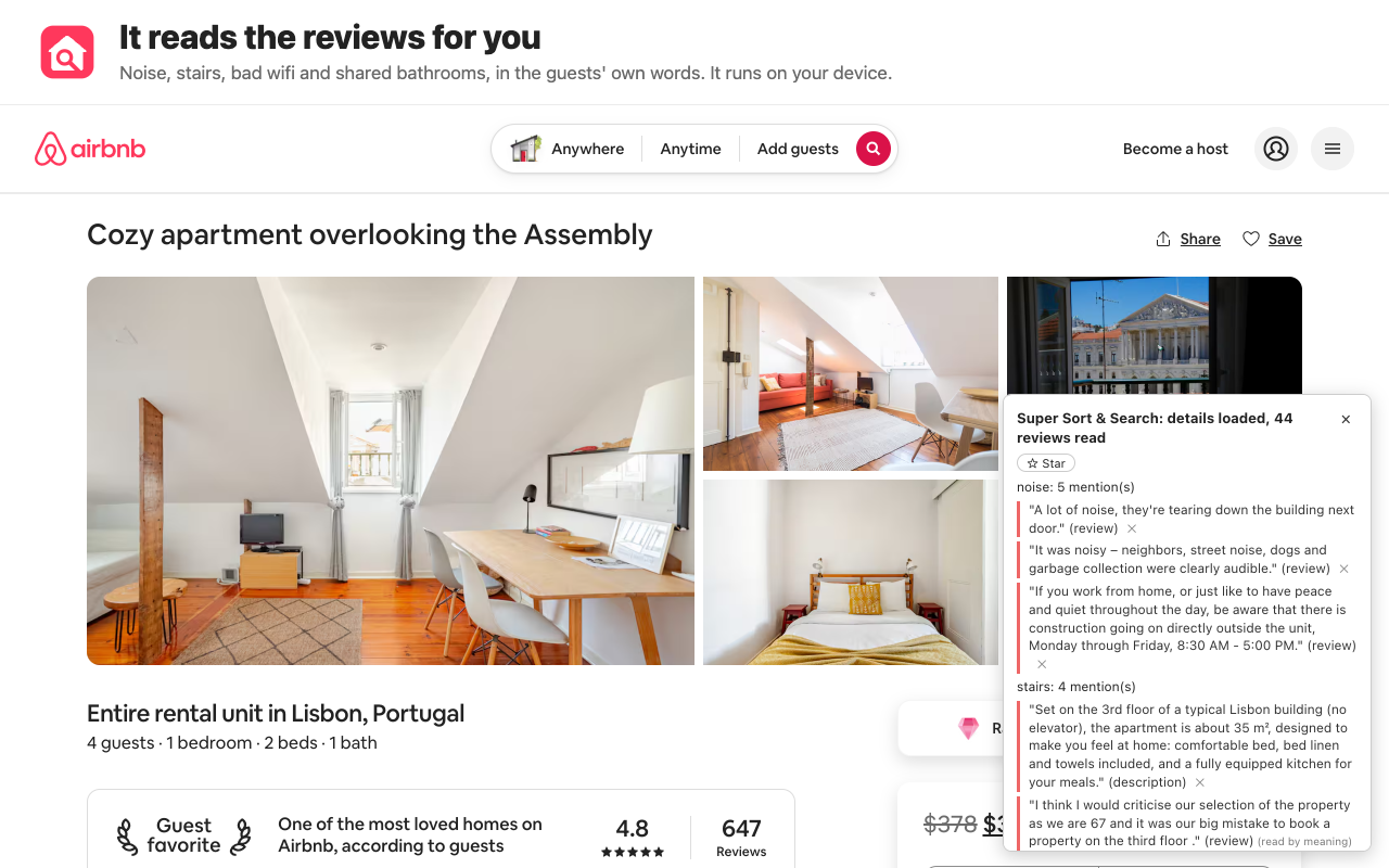 An Airbnb listing page with the extension's box listing review quotes about noise and stairs